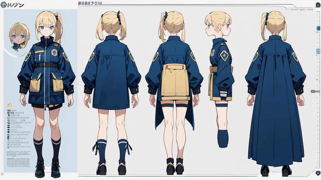 (masterpiece, best quality) detailed,police girl ,blonde hair ponytail,blue eye,(character design sheet, same character, full body, 3views, front, side, back)