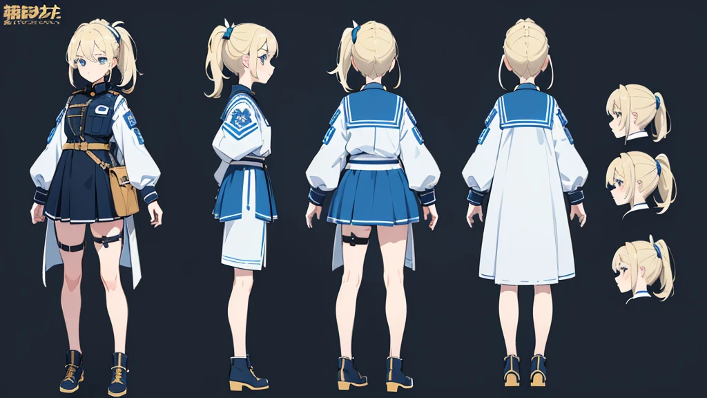 (masterpiece, best quality) detailed,police girl ,blonde hair ponytail,blue eye,(character design sheet, same character, full body, 3views, front, side, back)