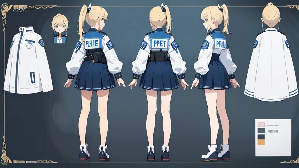 (masterpiece, best quality) detailed,police girl ,blonde hair ponytail,blue eye,(character design sheet, same character, full body, 3views, front, side, back)