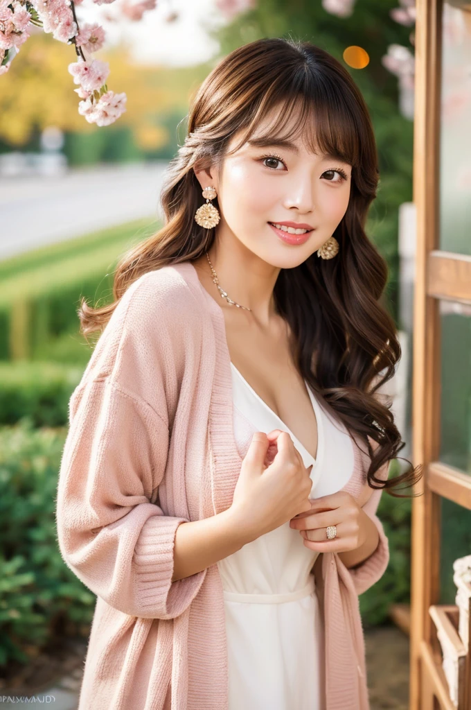 Family restaurant parking lot, full-time housewife, ((full body)), ((photo)), ((best qualtiy, 8K, tmasterpiece:1.3)), Focus:1.2, perfect figure beautiful girl:1.4, 1girl, cowboy shot, look at viewer, incredibly absurd, beautiful and cute girl with a photorealistic face, showcasing top-quality craftsmanship, Japanese woman eating at a family restaurant, 21 years old, medium-long brown hair, parted in the middle with curls at the ends, bangs cut above the eyes, naturally rounded hairline, large chocolate brown eyes, long eyelashes, cherry blossom lips, slightly high nose, oval face, fine skin, plump cheeks, soft chin, gentle smile, glamorous, fair skin, large buttocks, beautiful D-cup breasts, beige dress, pink cardigan, floral scarf, earrings, hair accessory, pretty older woman, beautiful, glamorous, gentle, attentive, passionate, curious, loves to talk, September