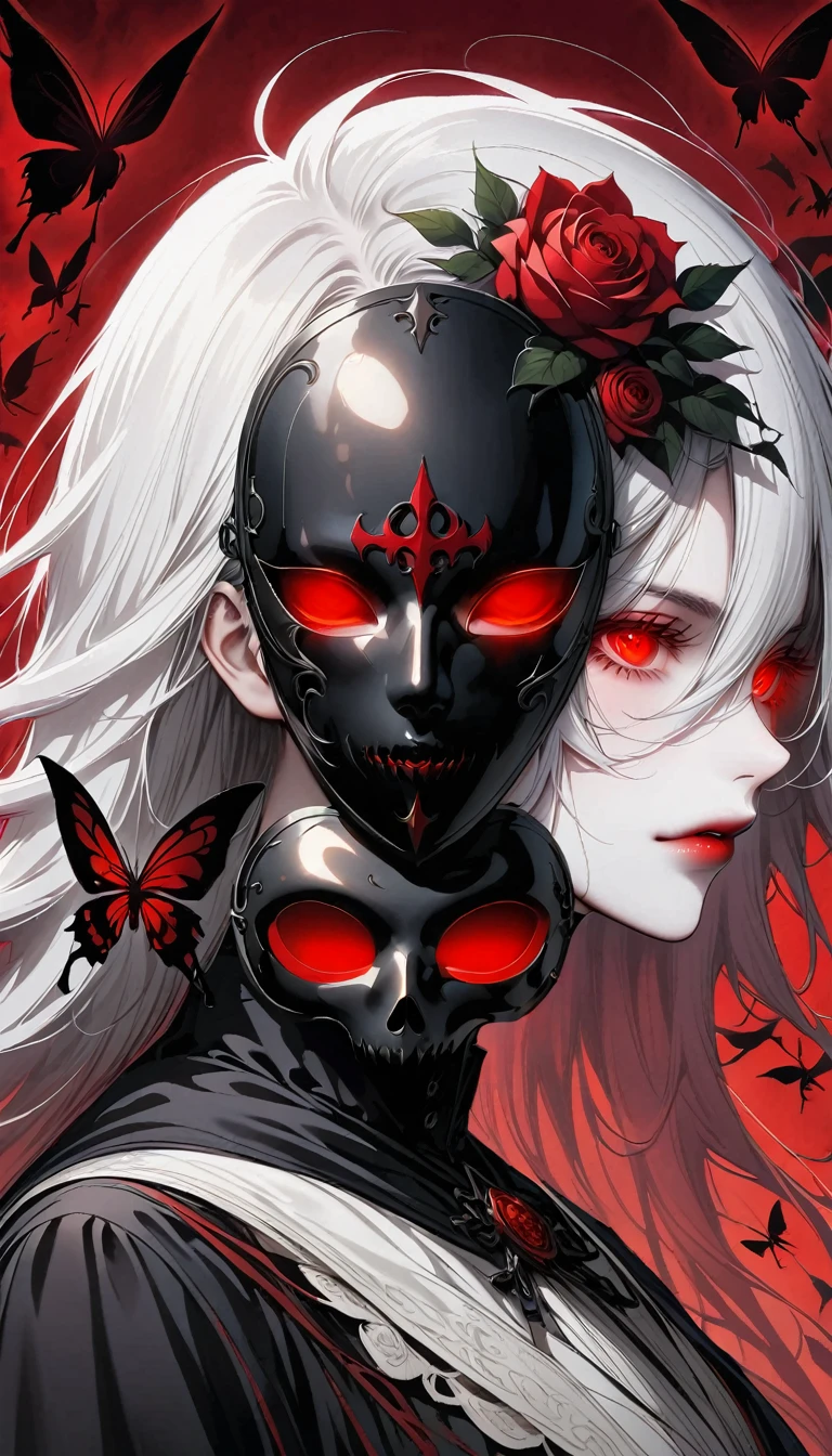 a silhouette of a vague presence, bright white eyes, red background, all black spikes hair, a silhouette of a vague presence, Fully white glowing eyes, red background, all black spikes，red rose，Fire  butterflys