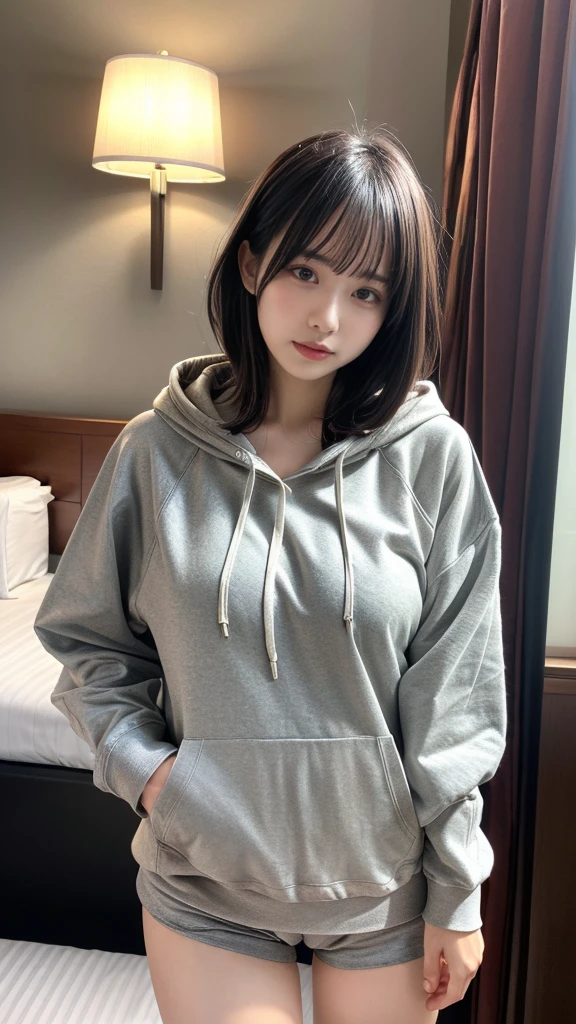 masterpiece, best quality, illustration, Super detailed, fine details, High resolution, 8K,wall paper, perfect dynamic composition,(Details High quality, realistic depiction of eyes:1.3), (Oversized Light Gray Hoodie:1.2), Erotic Shorts, big breasts, short bob hair、black hair color, Big Natural Color Lip, bold sexy pose, (perfect body shape), crying a little、Harajuku style、20 year old girl、cute type、lolita、beautiful legs, hotel room, gravure idol