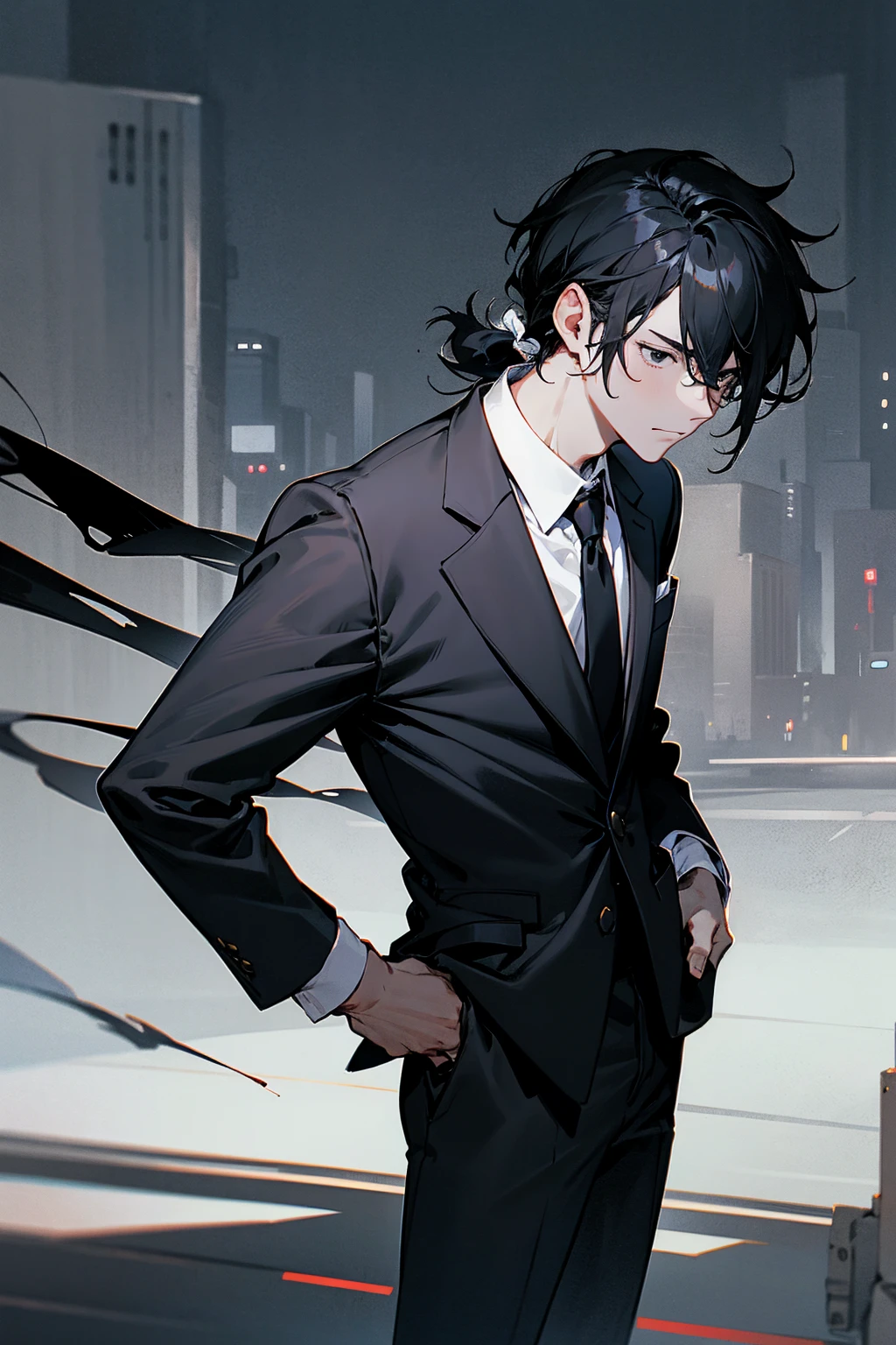 1male, black hair, messy pony tail, short hair, scruffy look, black eyes, tired expression, black and white suit, city background, detailed background, hands to side, standing on path