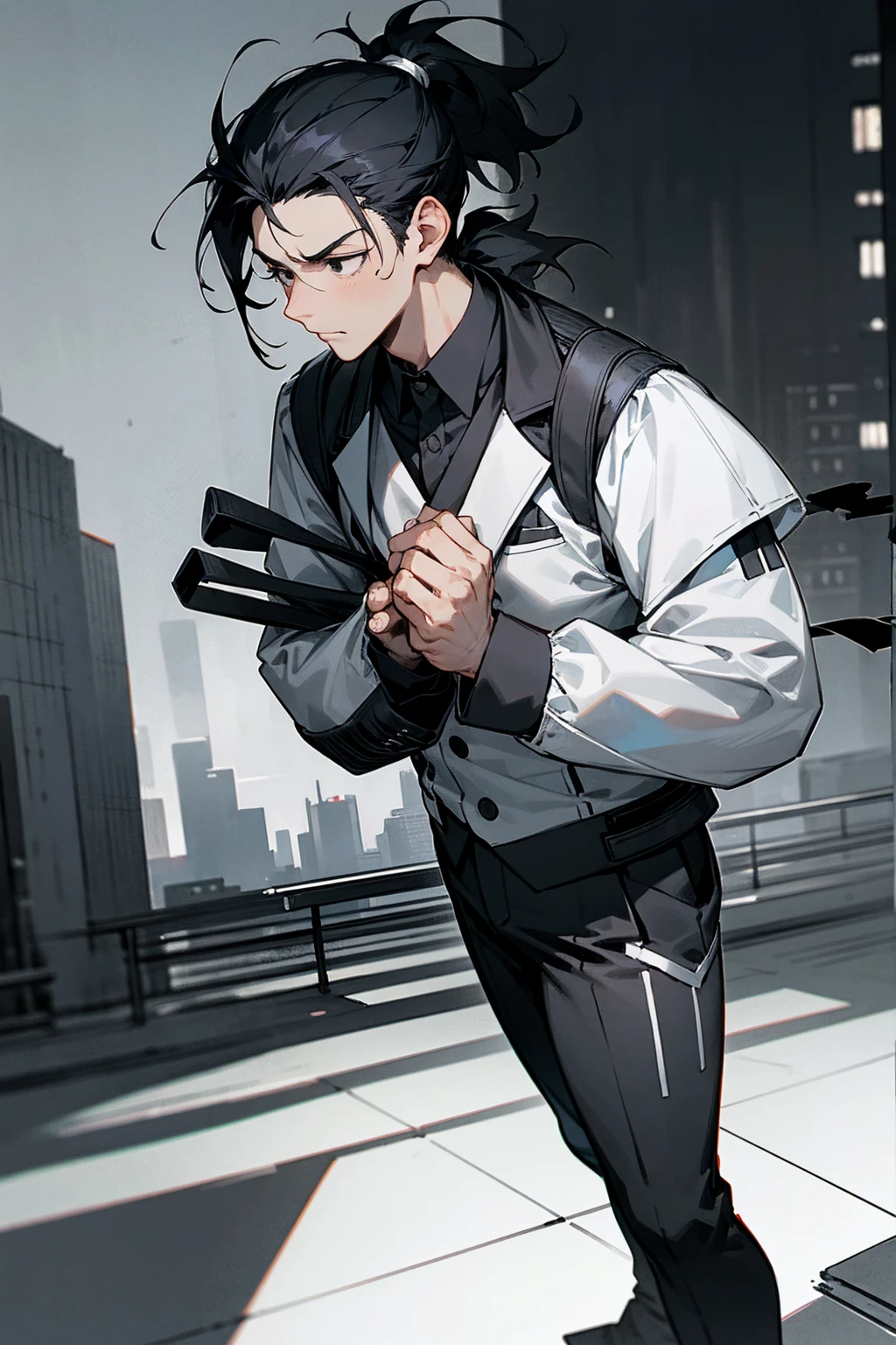 1male, black hair, messy pony tail, short hair, scruffy look, black eyes, tired expression, black and white suit, city background, detailed background, hands to side, standing on path