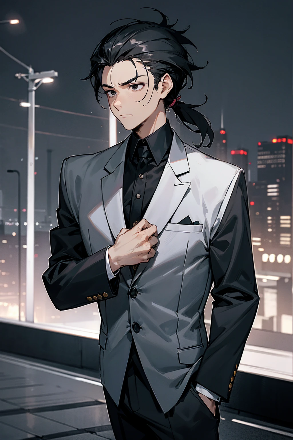 1male, black hair, messy pony tail, short hair, scruffy look, black eyes, tired expression, black and white suit, city background, detailed background, hands to side, standing on path