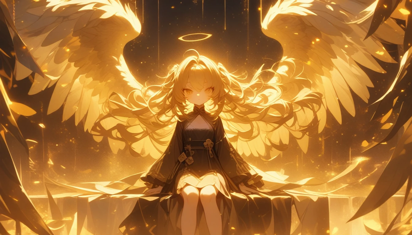 (\Shen Mingxiao NV\),One girl,Small breasts、alone,Long Hair,wing,Angel,Black Robe,Sitting, looking at the camera