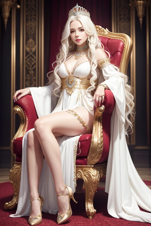 Young queen with white wavy hair wearing sexy white long dress queen attire, seat on her throne crossing her legs revealing her knees and wearing full of jewelry