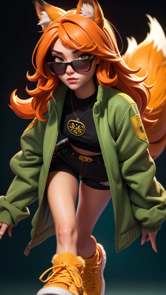 Skinny fox girl, (yellow sunglasses, green jacket, black shorts, yellow sneakers, orange hair, fox tail), city background, ((detailed background, detailed clothes, detailed fur texture, intricate detail, highly detailed, fine details best quality, hyperdetailed face)), bright color tones, digital art, beautiful lighting, 1girl, solo, cyberpunk, (best quality,4k,8k,highres,masterpiece:1.2), ultra-detailed
