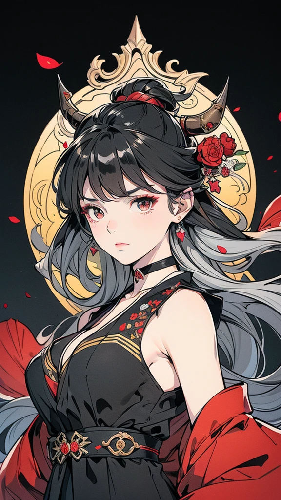 Seven Rhaeyar (Deylta), Ancient Star goddess, Perfect female anatomy (Royalty, Adult Female, 166cm in height, Cool pale skin, slim, slender, 34D breast size, Long Jet Black Hair, Gray Colored Iris , a set of Jet black colored horns on her head), Neutral facial expression, Elegant black uniform dress, female choker accessory with silver complimentary jewelry, dragon motifs, Black rope accessories, Simple Black Background, receiving light from the front, Slightly focusing on her face up close, Ethereal glow, Red Rose petals falling, Japanese inspired