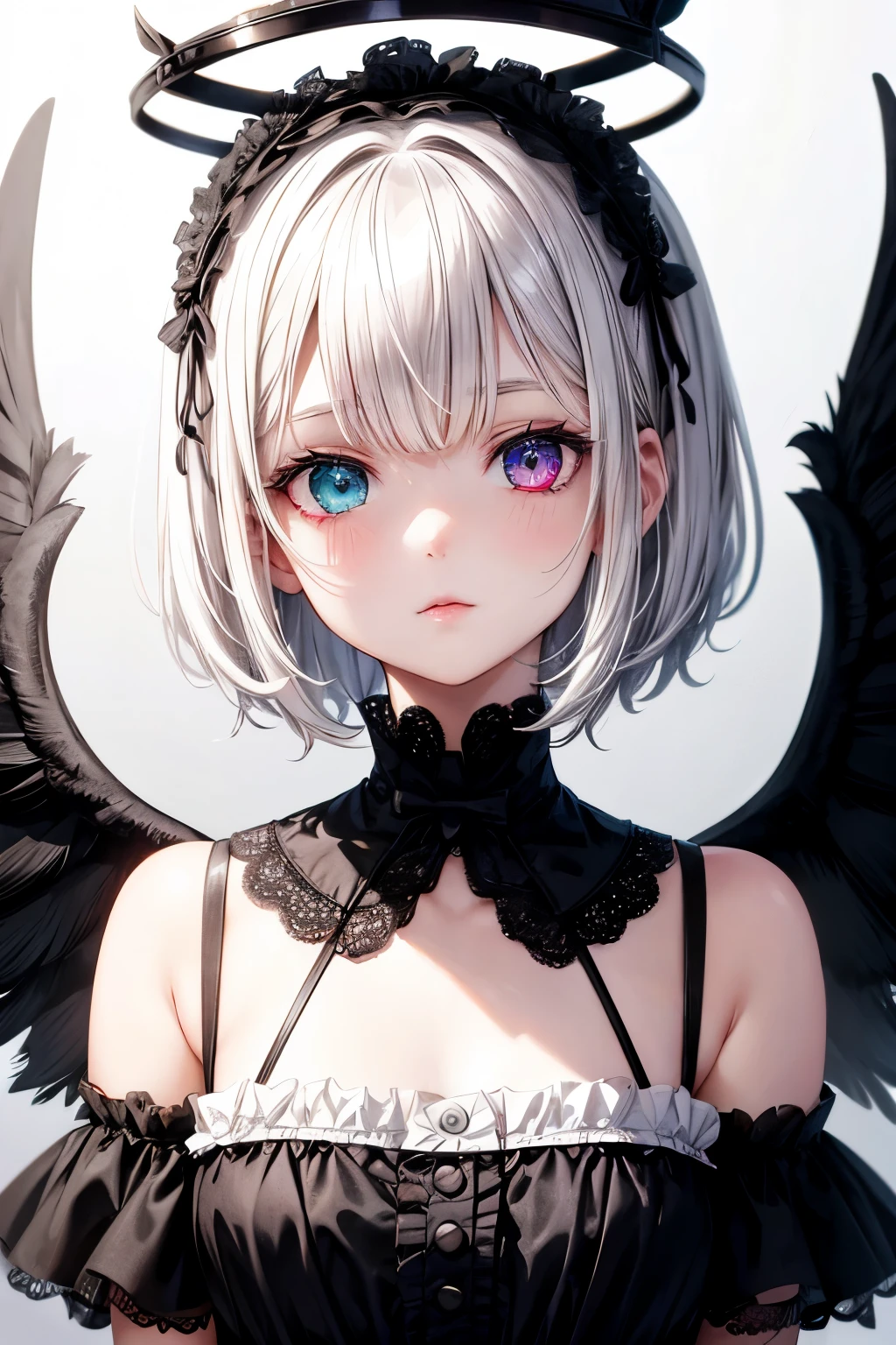 White short hair, heterochromia, lolita, little girl, black halo, black wings