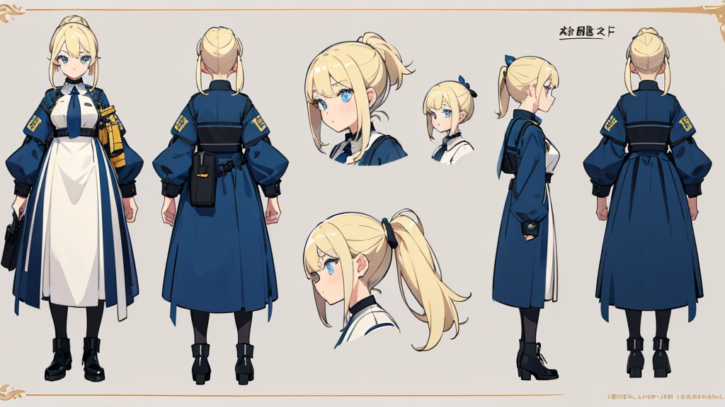 (masterpiece, best quality) detailed,police girl ,blonde hair ponytail,blue eye,(character design sheet, same character, full body, 3views, front, side, back)