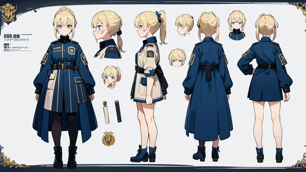 (masterpiece, best quality) detailed,police girl ,blonde hair ponytail,blue eye,(character design sheet, same character, full body, 3views, front, side, back)