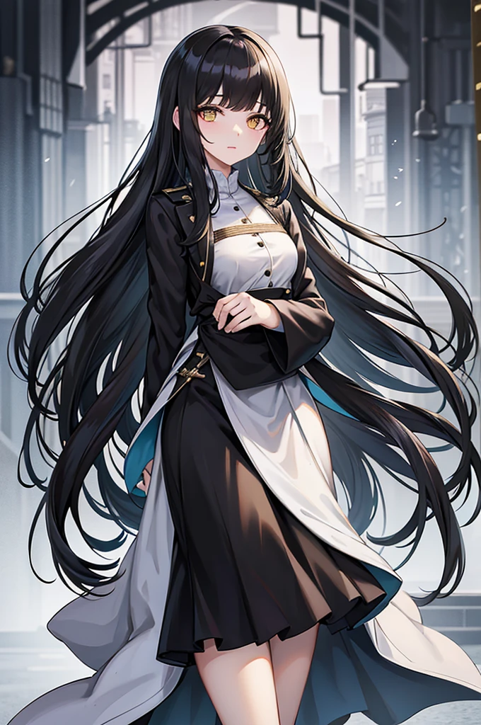 girl with long straight black hair, long bangs, golden eyes, slim and , short, wearing a white long-sleeved shirt, long black skirt