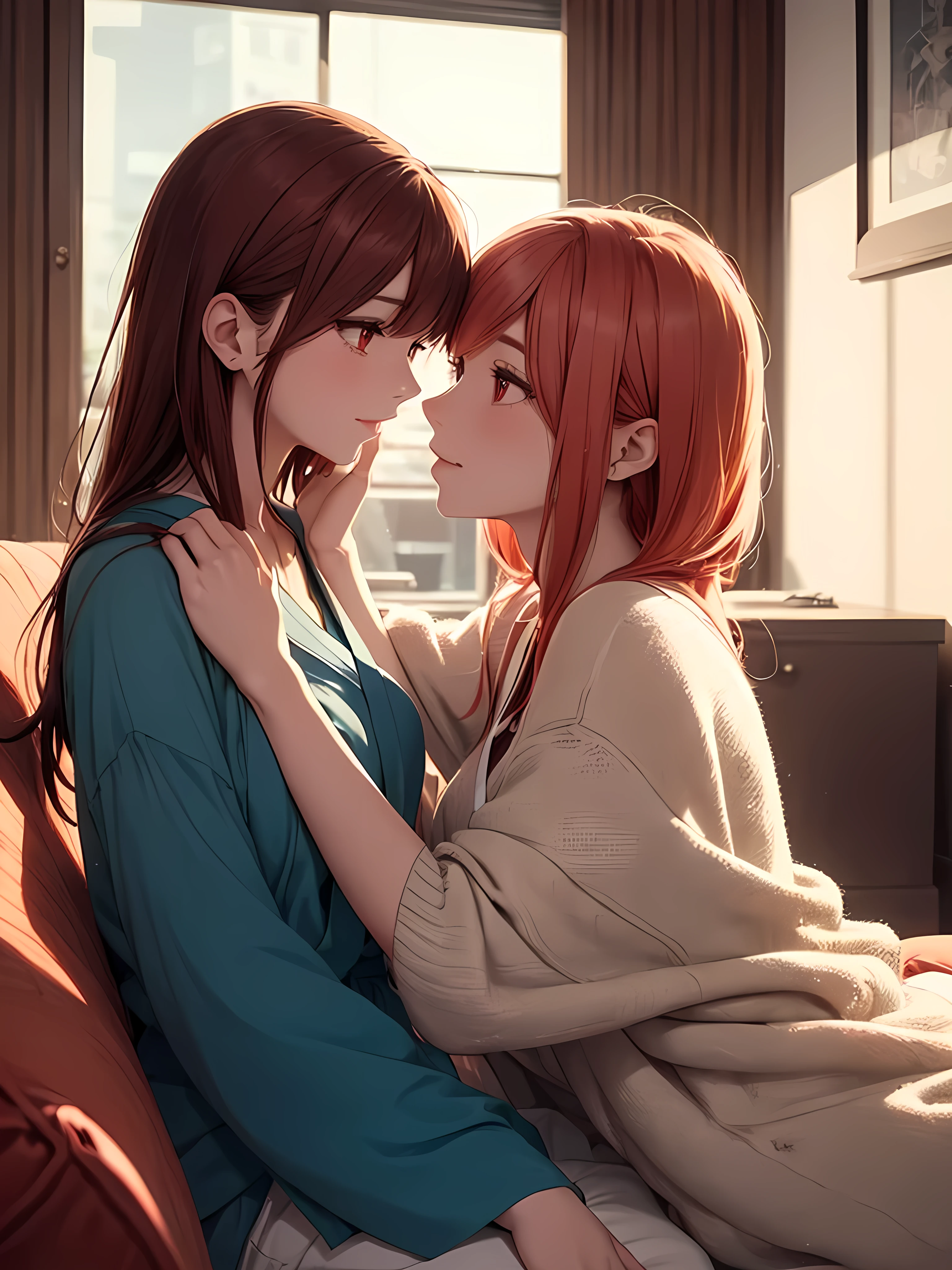 two beautiful young women, anime style, detailed faces, red hair, red eyes, delicate features, soft lighting, wearing casual outfits, holding each other closely, intimate pose, one gently touching the other's face, sitting on a cozy sofa, warm and inviting living room, relaxed and affectionate expressions, dynamic pose, Japanese anime style, high quality, highly detailed, 8k resolution, cinematic lighting, best quality, vibrant colors, Instagrammable, aesthetic, trendy