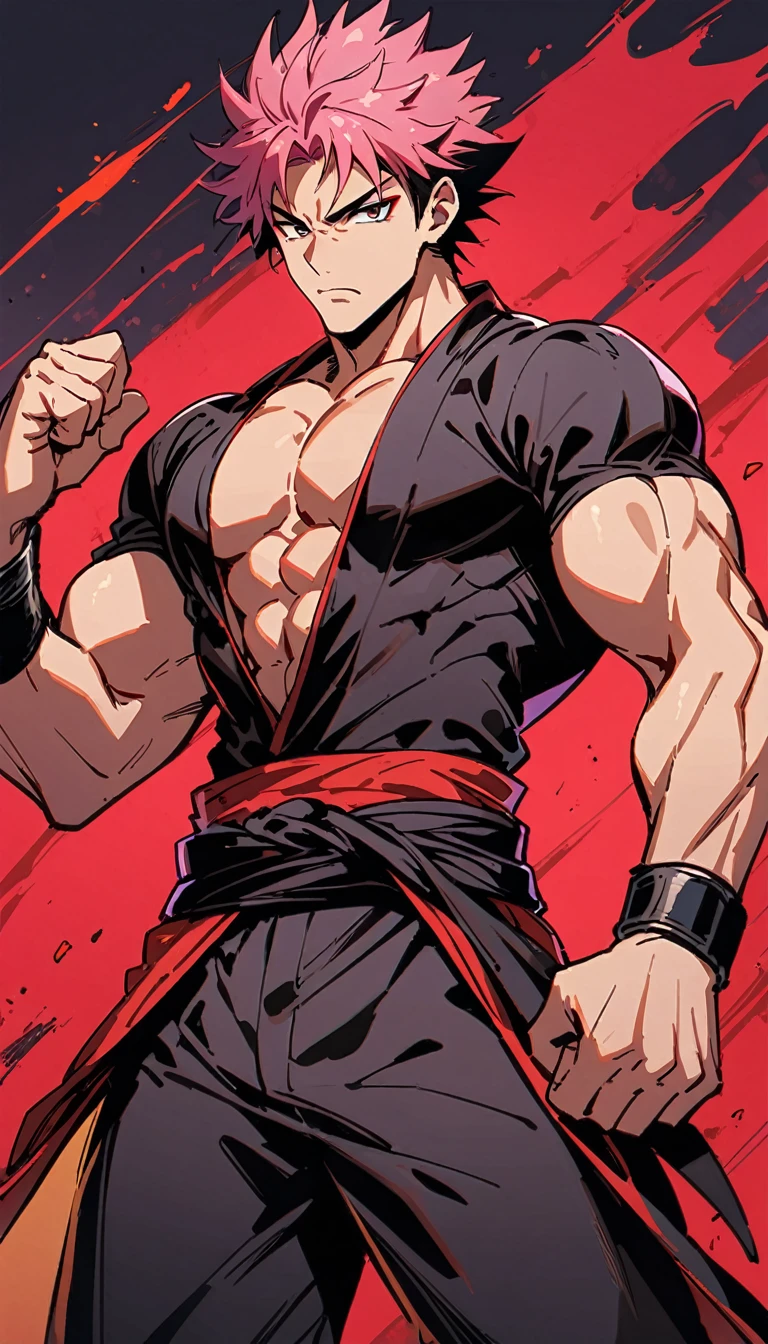 Muscular man, defined body, Developed body, Kung Fu Fighter, Red buttoned blouse, Long black pants, Black belt on waist, Spiky Hair, Black short hair (Pink hair), Wrestler's shoes, Tired look, Sitting on a heavy load in an old warehouse, Abandoned warehouse inside, medieval setting.