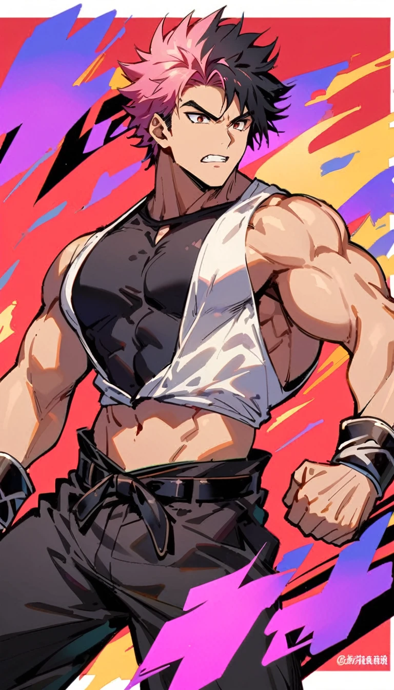 Muscular man, defined body, Developed body, Kung Fu Fighter, Red buttoned blouse, Long black pants, Black belt on waist, Spiky Hair, Black short hair (Pink hair), Wrestler&#39;s shoes, Tired look, Sitting on a heavy load in an old warehouse, Abandoned warehouse inside, medieval setting.