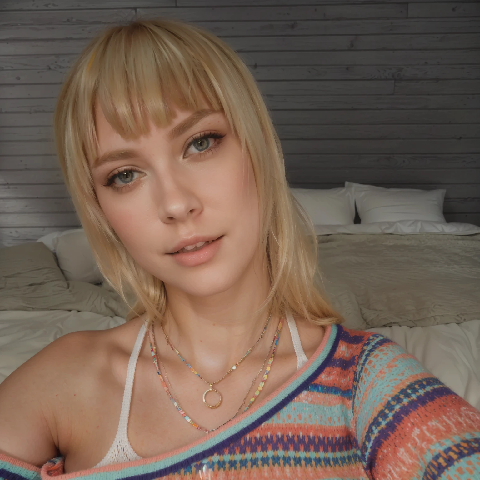 blond woman with a colorful sweater on a bed, soft portrait shot 8 k,