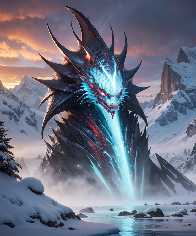 award-winning art, trending on artstation, masterpiece digital art, Dragonspine: The continent of ice and solitude, where the harsh environment has forged a people of resilience and strength. It is an endless expanse of glaciers, frozen tundras, and snow-capped mountains. The cities here are built with thick walls and heavy doors to protect against the brutal winds and cold temperatures. Dragonspine is home to the human and the element of Cryo.