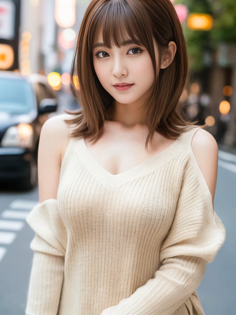 Ultra-high resolution, Superior Quality, Highest quality, Super detailed, Realistic, 8k, RAW Photos, Highest quality, masterpiece, Attractive girl, A wonderful girl, Brown Hair, Shoulder-length layered, Asymmetrical bangs, Japanese Idols, Sophisticated, stylish, V-neck knit, Shibuya Ward, great joy