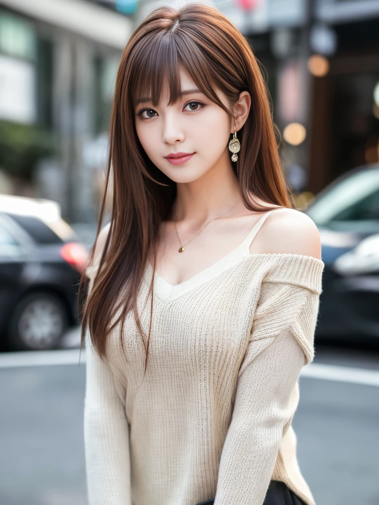 Ultra-high resolution, Superior Quality, Highest quality, Super detailed, Realistic, 8k, RAW Photos, Highest quality, masterpiece, Attractive girl, A wonderful girl, Brown Hair, Shoulder-length layered, Asymmetrical bangs, Japanese Idols, Sophisticated, stylish, V-neck knit, Shibuya Ward, great joy