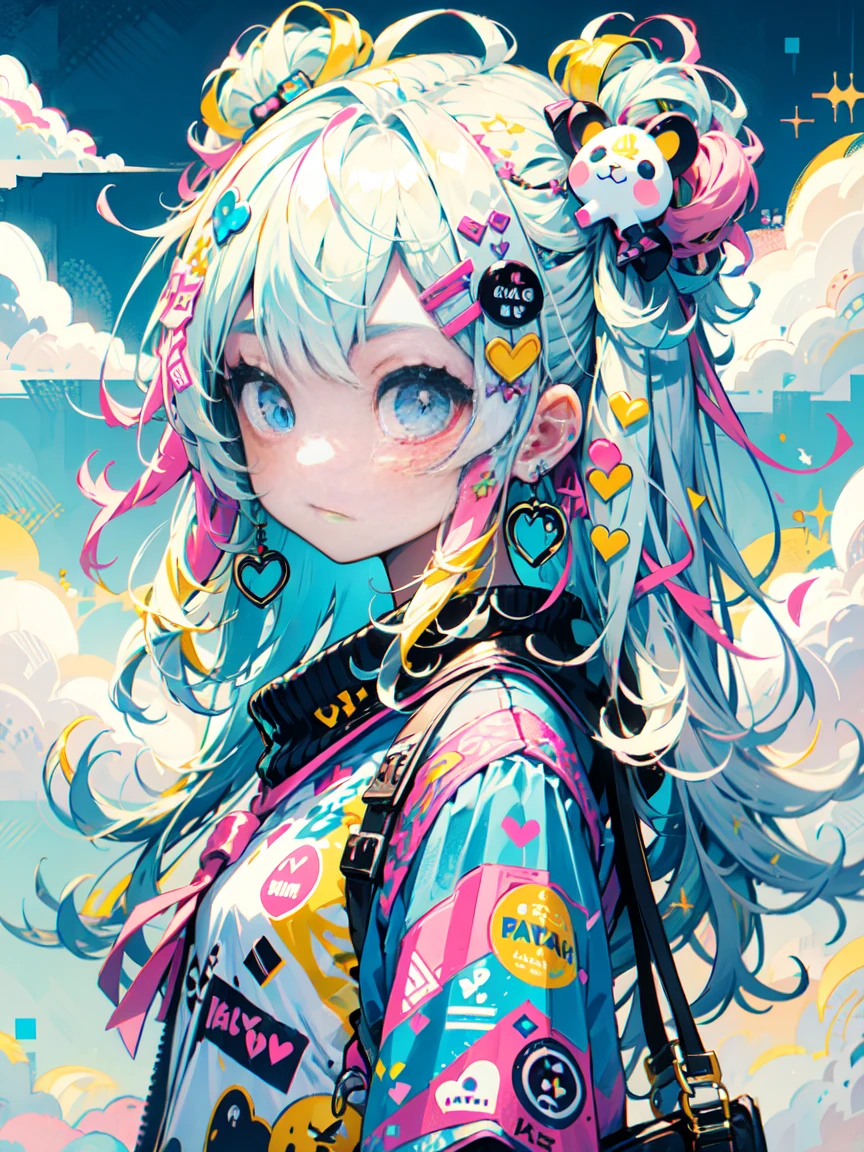 "kawaii, Cute, Adorable girl in pink, yellow, and baby blue color scheme. She wears sky-themed clothing with clouds and sky motifs. Her outfit is fluffy and soft, With decora accessories like hair clips. She embodies a vibrant and trendy Harajuku fashion style."