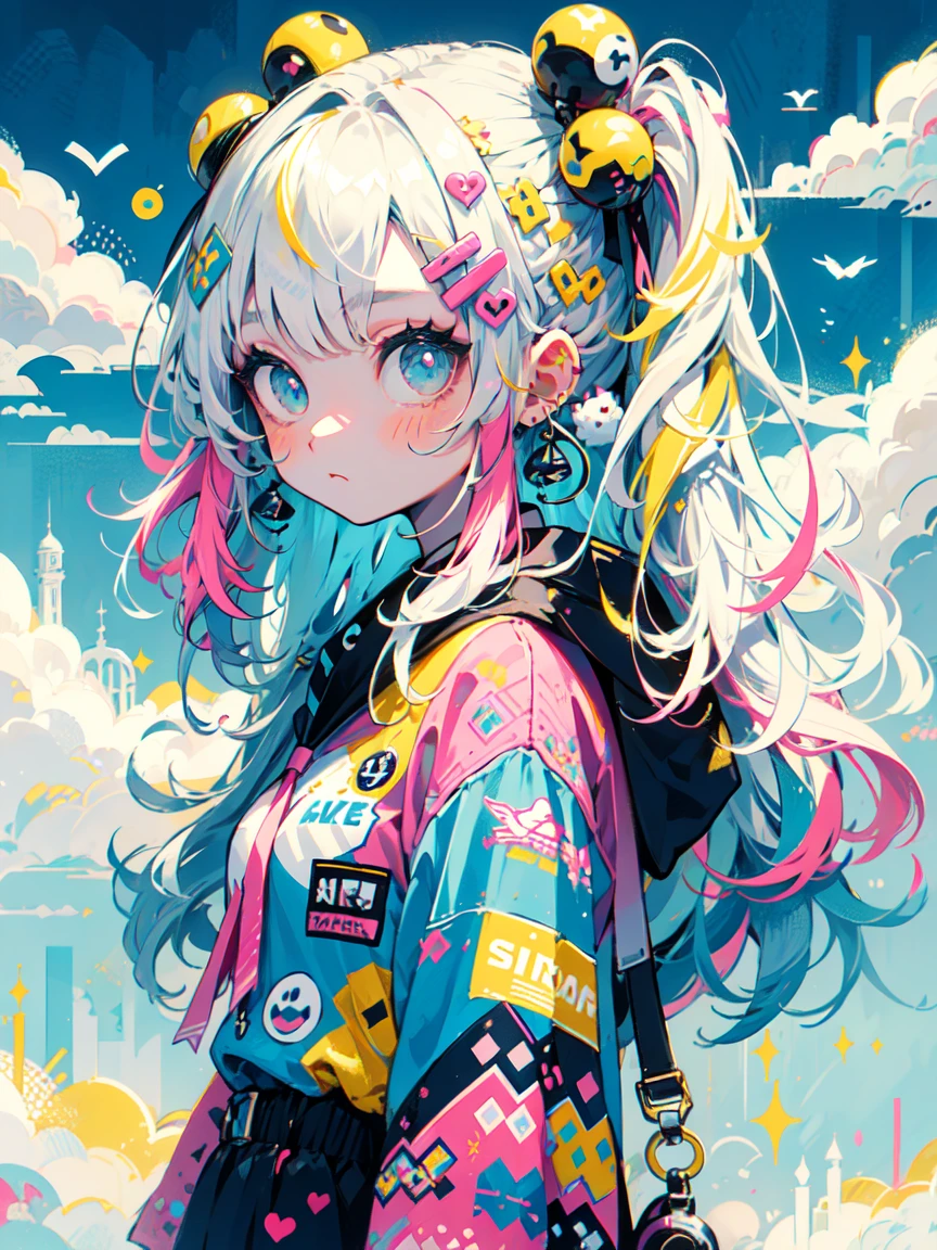 "kawaii, Cute, Adorable girl in pink, yellow, and baby blue color scheme. She wears sky-themed clothing with clouds and sky motifs. Her outfit is fluffy and soft, With decora accessories like hair clips. She embodies a vibrant and trendy Harajuku fashion style."