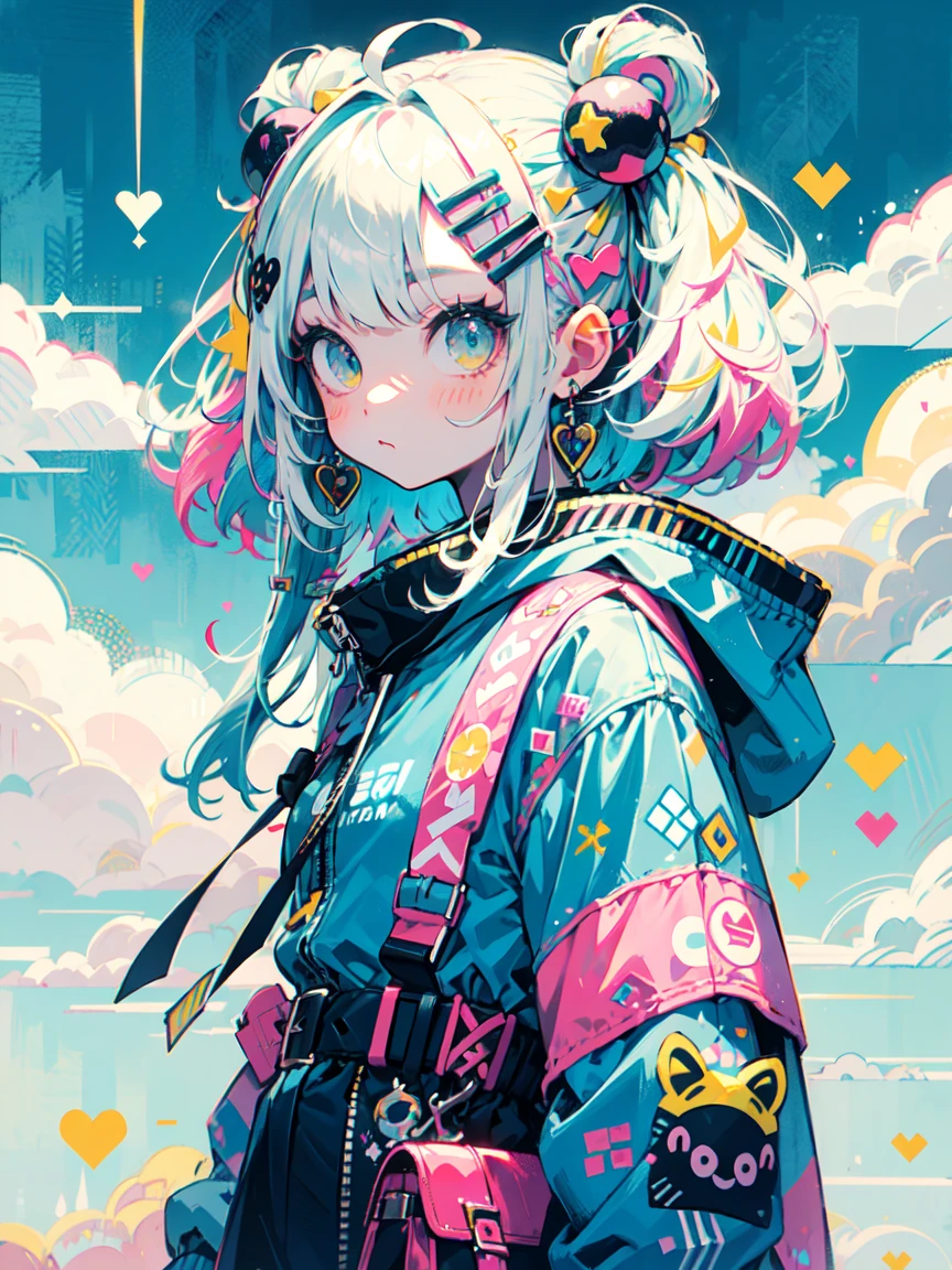 "kawaii, Cute, Adorable girl in pink, yellow, and baby blue color scheme. She wears sky-themed clothing with clouds and sky motifs. Her outfit is fluffy and soft, With decora accessories like hair clips. She embodies a vibrant and trendy Harajuku fashion style."