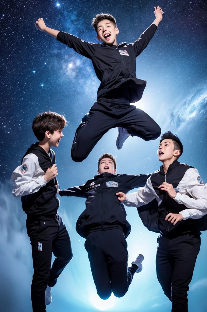 Background is space Three boys in normal clothes, excited and amazed by the weightlessness One person is amazing!and The second one is a surprise The third person seems to be out of control