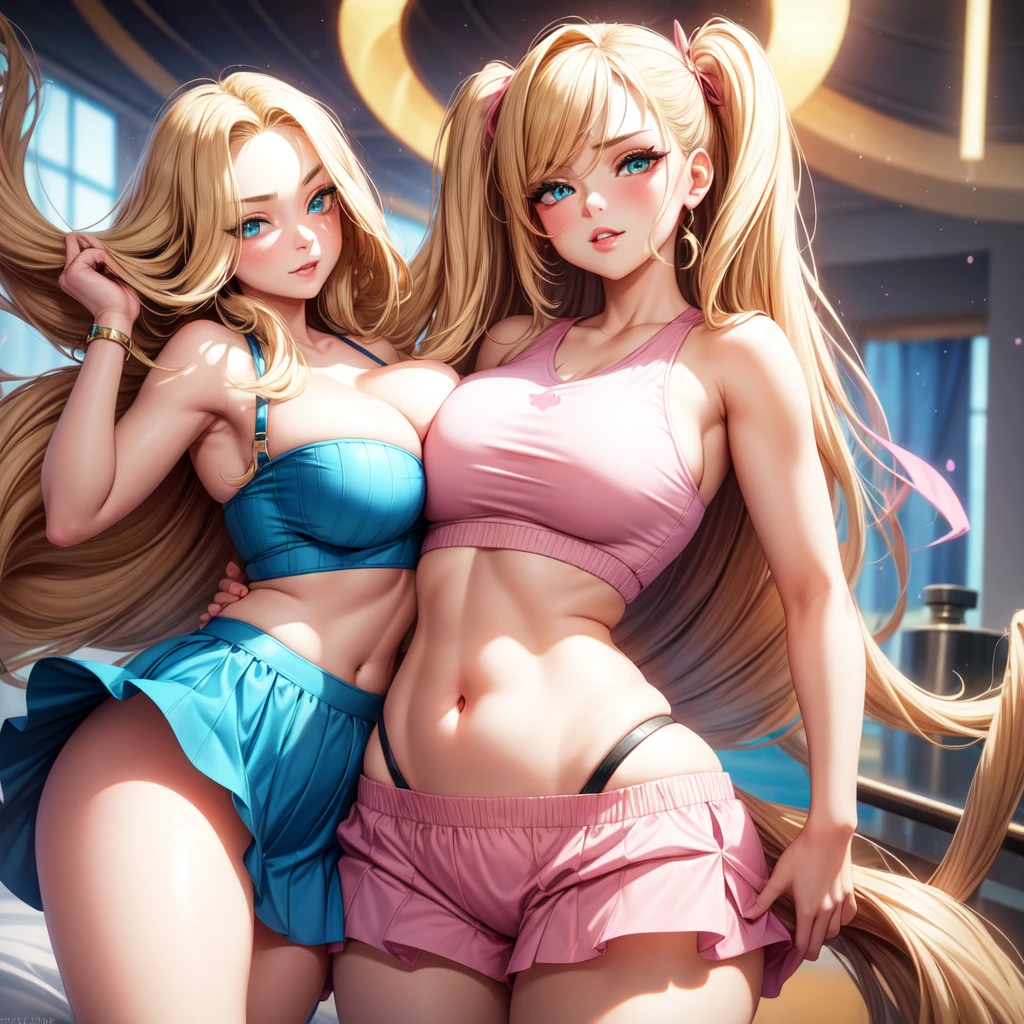 1 girl, solo, Big round breasts, curvy hips, hourglass waist, realistic, bright blonde hair, green and blue eye, amazing big eyes, eye details, eyebrow details, crop top, pink skirt, parted lips, blush, confident, dominant, bdsm, smirk, naughty, mischevious face, HD, good quality, bedroom, wearing sexy pink pyjamas, crop top, curvy body, amazing