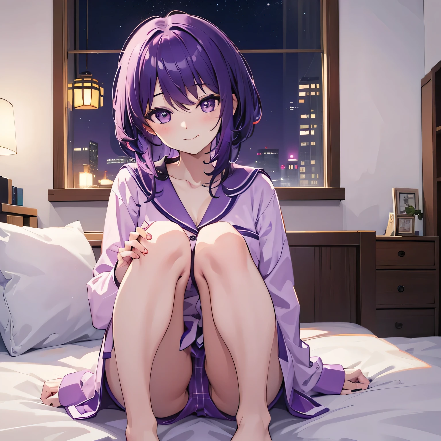 (T Masterpiece，4K wallpaper，Best Quality))、((girl１people))、(solo)、Bright and Brilliant，(Purple Hair)、(Shortcuts:1.3)、smile、Bedroom、pajamas、night