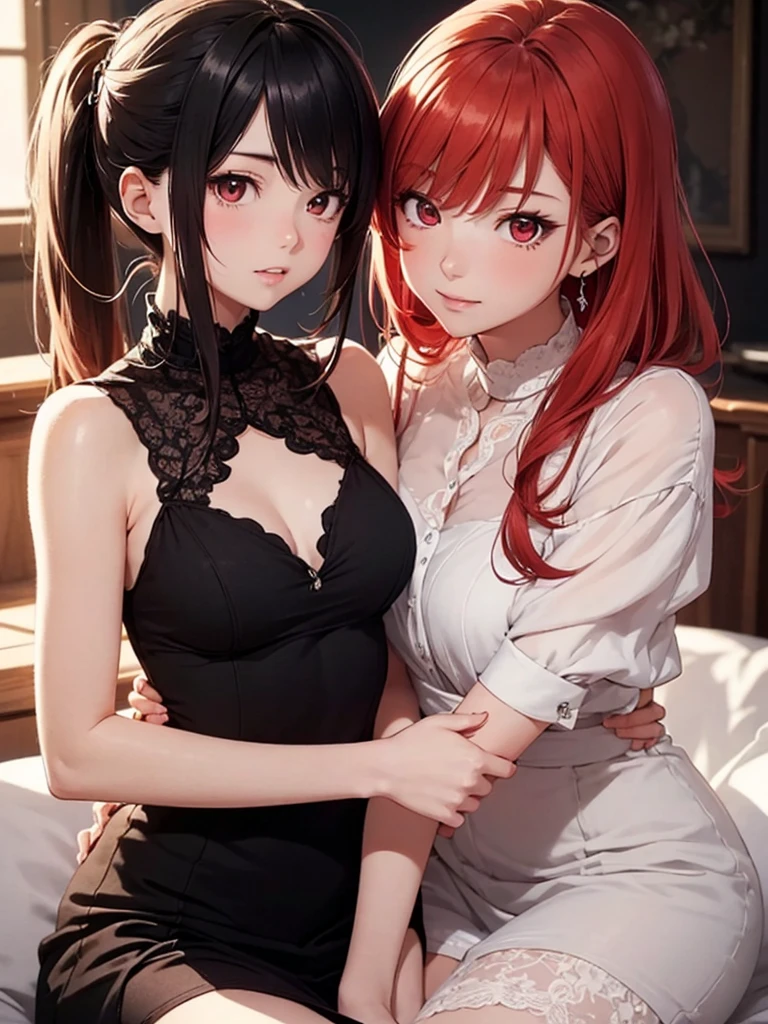 Two beautiful young women, Anime Style, Detailed face, Redhead, Red eyes, Delicate features, Soft lighting, Dress casually, Embrace each other, Intimate pose, One touches the other's face gently, Sit on a cozy sofa, Warm and cozy living room, Relaxed affection, Dynamic pose, Japanese Anime Style, high quality, Very detailed, 8K resolution, Cinema Lighting, 最high quality, Vibrant colors, Instagrammable, beautiful, trend