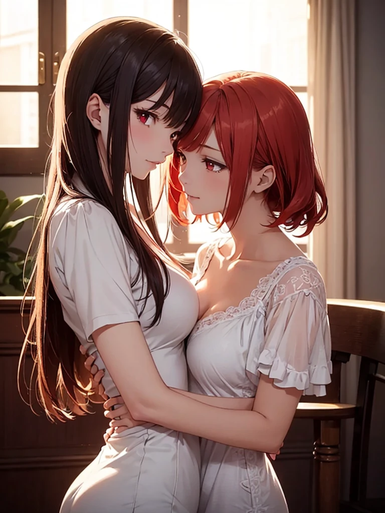 Two beautiful young women, Anime Style, Detailed face, Redhead, Red eyes, Delicate features, Soft lighting, Dress casually, Embrace each other, Intimate pose, One touches the other's face gently, Sit on a cozy sofa, Warm and cozy living room, Relaxed affection, Dynamic pose, Japanese Anime Style, high quality, Very detailed, 8K resolution, Cinema Lighting, 最high quality, Vibrant colors, Instagrammable, beautiful, trend