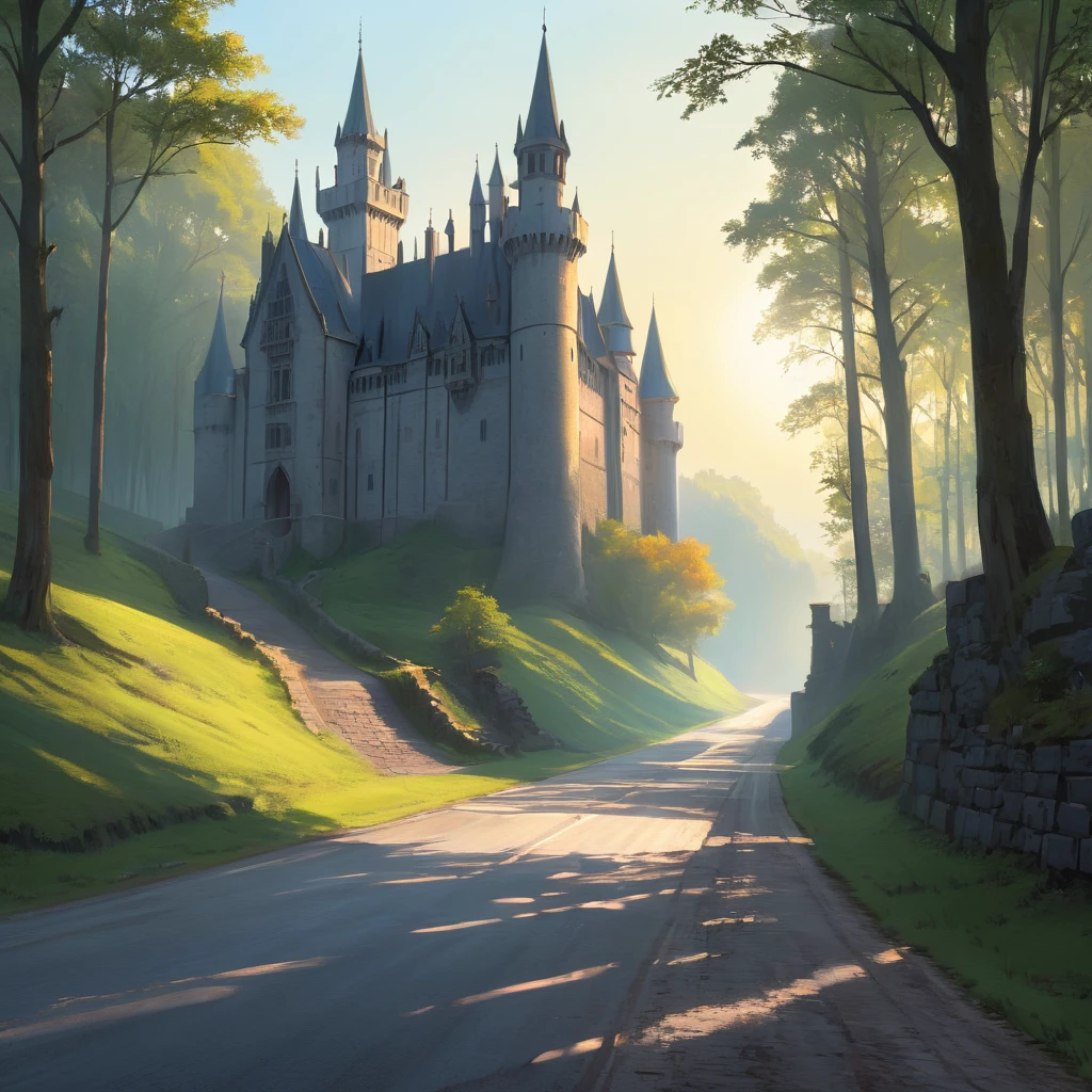 Gothic aesthetics, Gothic Morning, Gothic landscape, Gothic castle in the morning light, Stone road, transportation,Gothic Palette, HD, A play of colour and shadow, painting, High resolution 32K, HD,Sunlight shining on the road,Next to the woods