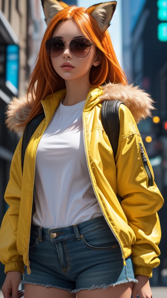 Masterpiece, 1girl, solo, (best quality,4k,8k,highres,masterpiece:1.2), ultra-detailed, Skinny fox girl, (yellow sunglasses, green jacket, black shorts, yellow sneakers, orange hair, fox tail), ((detailed clothes, detailed fur texture, intricate detail, highly detailed, fine details best quality, hyperdetailed face)), cyberpunk, city background, ((detailed background, , bright color tones, digital art beautiful lighting,