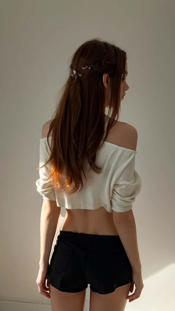 (((Masterpiece))), 25-year-old Caucasian French girl with shoulder-length messy red hair, adorned with crystal glow, blooming hair akin to . Certainly!
A silhouette of a girl standing with her back to the camera. She is wearing leggins and a black hoodie. Her face is not visible. White background