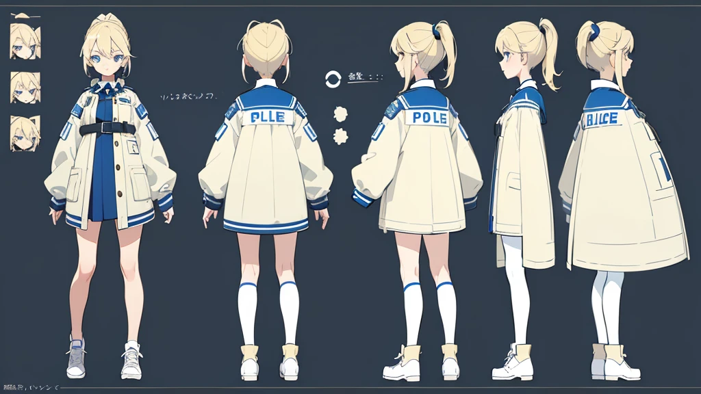 (masterpiece, best quality) police girl ,blonde hair ponytail,blue eye,(character design sheet, same character, full body, 3views, front, side, back)