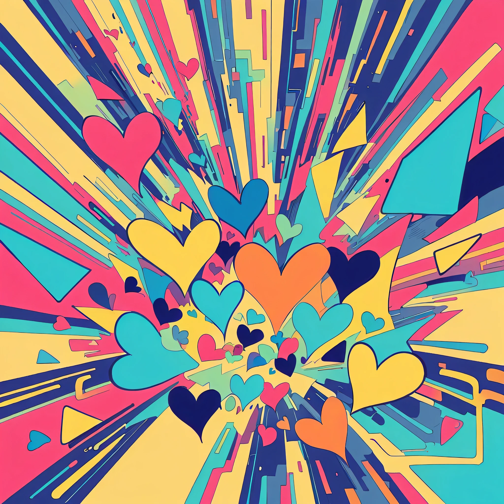 Seizo Watase style, Simple Line Initialism,Abstract art,Urban Background, colorful hearts ,No people