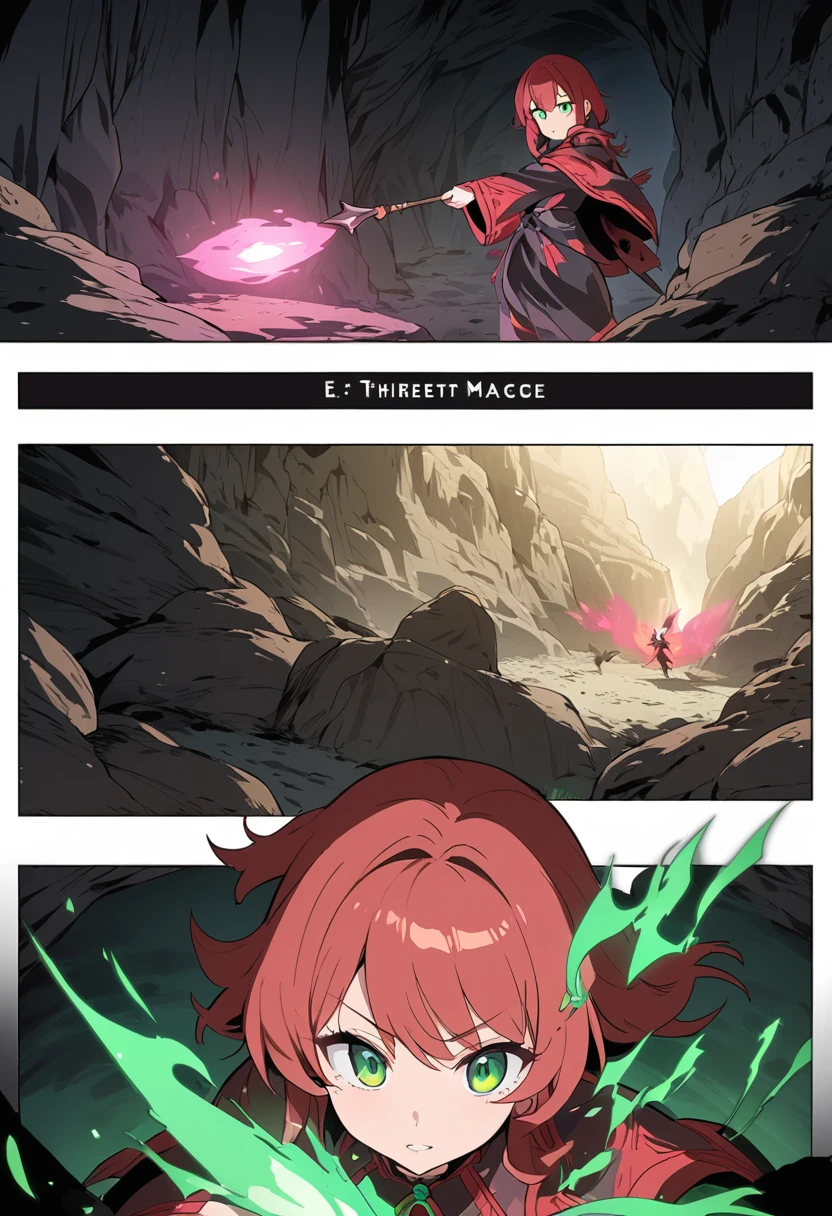 "((highest quality)), ((masterpiece)), (detailed), comic e-book storyboard, three panels, HQ, shadow mage with completely green eyes, red details, in a cave, casting magic, anime style, high resolution"