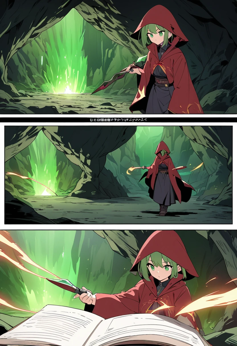 "((highest quality)), ((masterpiece)), (detailed), comic e-book storyboard, three panels, HQ, shadow mage with completely green eyes, red details, in a cave, casting magic, anime style, high resolution"