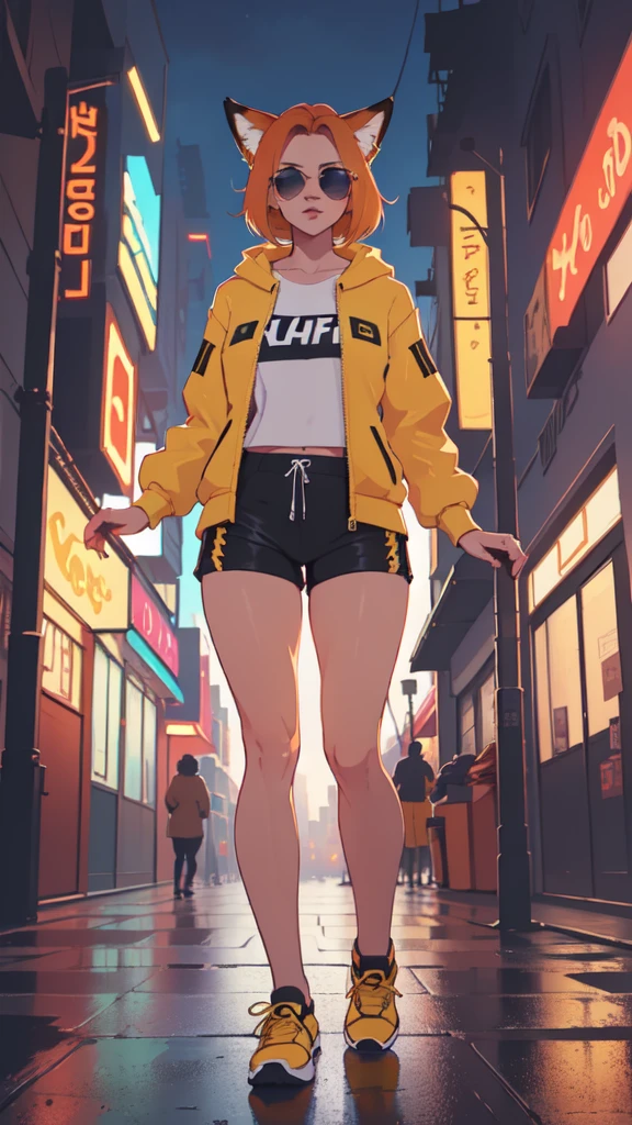 Masterpiece, 1girl, solo, (best quality,4k,8k,highres,masterpiece:1.2), ultra-detailed, Skinny fox girl, (yellow sunglasses, green jacket, black shorts, yellow sneakers, orange hair, fox tail), ((detailed clothes, detailed fur texture, intricate detail, highly detailed, fine details best quality, hyperdetailed face)), cyberpunk, city background, ((detailed background, , bright color tones, digital art beautiful lighting,