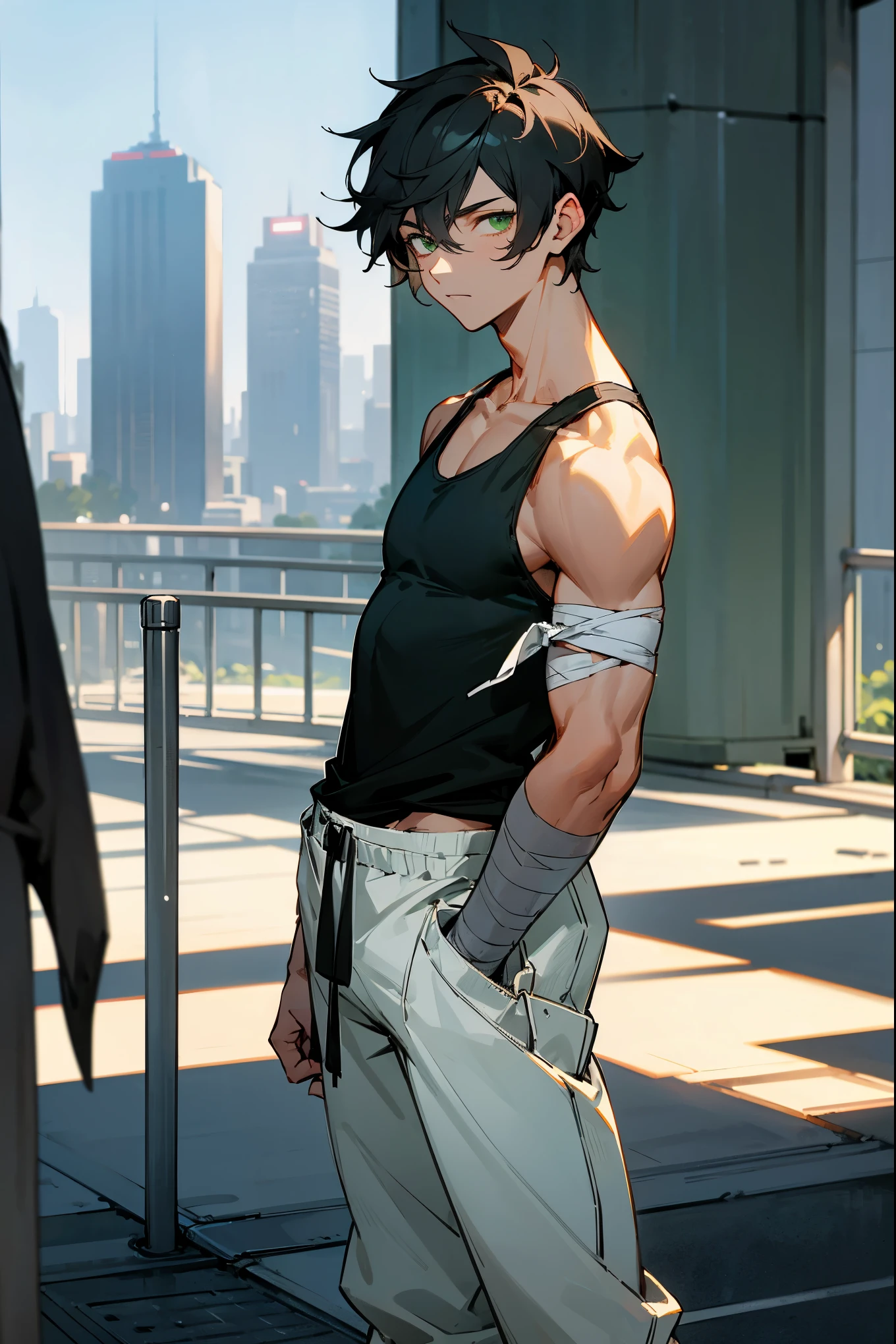 1male, dark hair, faded hair, green eyes, black tank top, arm bandages, arms bandaged, white baggy pants, city background, detailed background, hands to side, standing on path