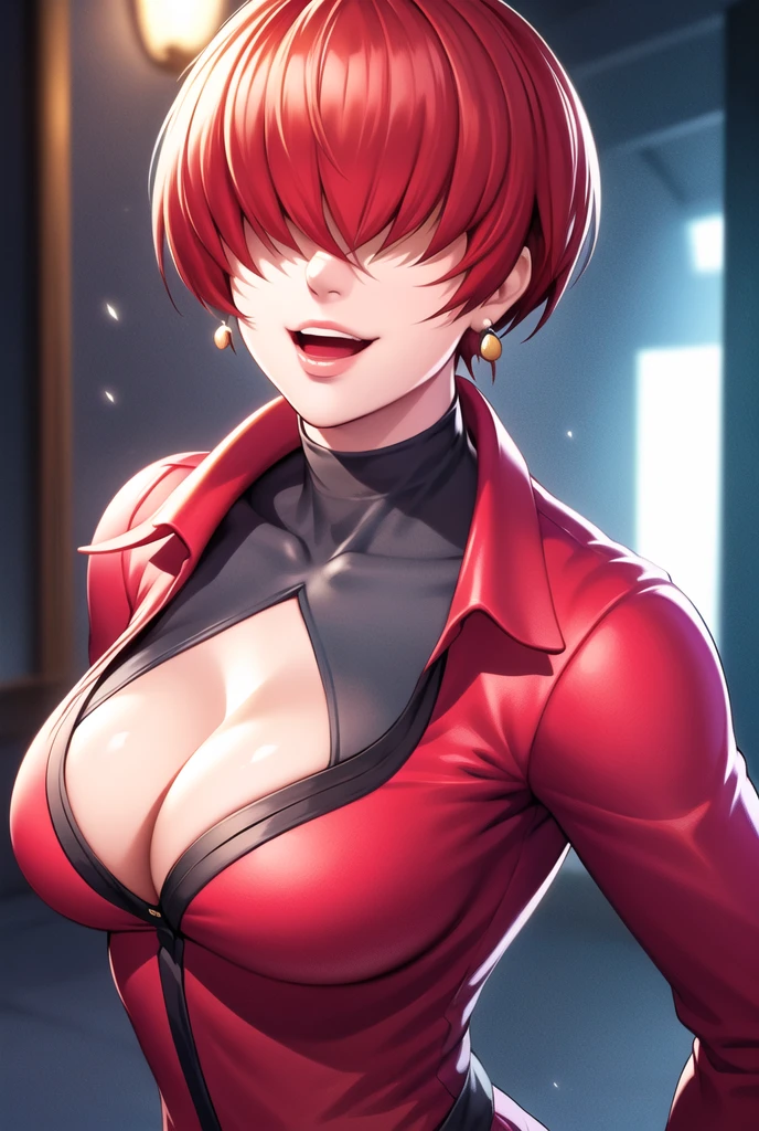 ,
Red outfit,Red jacket,choker, cleavage cutout, clothing cutout,
earrings,
Red hair,bangs,((hair over eyes)),
1 girl, 20yo,Young female,Beautiful Finger,Beautiful long legs,Beautiful body,Beautiful Nose,Beautiful character design, evil face,
looking down at viewer,(Focus on her face),open mouth,too evil_Smile,
official art,extremely detailed CG unity 8k wallpaper, perfect lighting,Colorful, Bright_Front_face_Lighting,shiny skin,
(masterpiece:1.0),(best_quality:1.0), ultra high res,4K,ultra-detailed,
photography, 8K, HDR, highres, absurdres:1.2, Kodak portra 400, film grain, blurry background, bokeh:1.2, lens flare, (vibrant_color:1.2),professional photograph,
(Beautiful,large_Breasts:1.4), (beautiful_face:1.5),(narrow_waist),conceit,smile worst,worst ridecule,evil moukery,hand on hip,upper body,two hand,