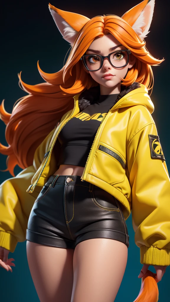 Masterpiece, 1girl, solo, (best quality,4k,8k,highres,masterpiece:1.2), ultra-detailed, Skinny fox girl, (yellow sunglasses, green jacket, black shorts, yellow sneakers, orange hair, fox tail), ((detailed clothes, detailed fur texture, intricate detail, highly detailed, fine details best quality, hyperdetailed face)), cyberpunk, city background, ((detailed background, , bright color tones, digital art beautiful lighting,