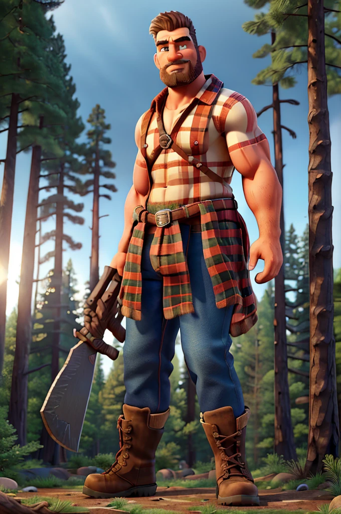 muscular heroic lumberjack, rugged outdoorsman, large stature, powerful build, tanned skin, weathered features, flannel shirt, worn jeans, heavy boots, wielding an oversized axe, standing in a vast forest, towering trees, natural light, vibrant colors, dramatic shadows, cinematic composition, hyper realistic, 8k, high quality, masterpiece, photorealistic