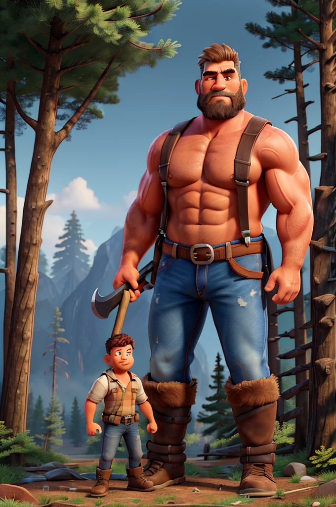 muscular heroic lumberjack, rugged outdoorsman, large stature, powerful build, tanned skin, weathered features, flannel shirt, worn jeans, heavy boots, wielding an oversized axe, standing in a vast forest, towering trees, natural light, vibrant colors, dramatic shadows, cinematic composition, hyper realistic, 8k, high quality, masterpiece, photorealistic