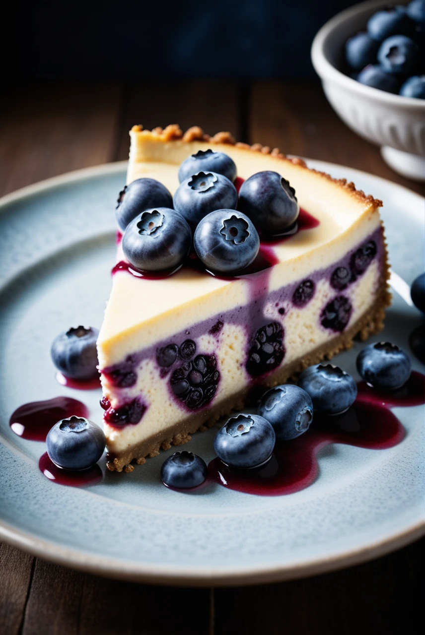 Documentary RAW Photography,a Blueberry Cheesecake, highlighting its exquisite, lacy texture and impeccable balance. The composition should evoke an irresistible urge to taste, with every detail crafted to inspire both amateur and seasoned cooks, (sharpness in detail:1.1), masterpiece, 35mm photograph, (iconic photograph:1.4), (visual storytelling:1.2), film grain, award winning photography,vibrant use of light and shadow, high quality textures of materials, volumetric textures  perfect composition, dynamic play of light, rich colors, epic shot, perfectly quality, natural textures,high detail, photoshadow, (natural colors, correct white balance, color correction, dehaze),(intricate detailed), 8k
