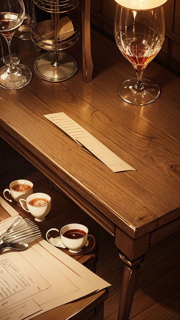 $15 Table, Pencil Sketch, Detailed wallpaper, wooden table surface, Vintage cutlery, Vintage teacup set, Elegant wine glass, Natural Lighting, Warm colors, high resolution, Sharp focus, delicate shading, Realistic textures, Complex lines, nostalgic vibes，unmanned