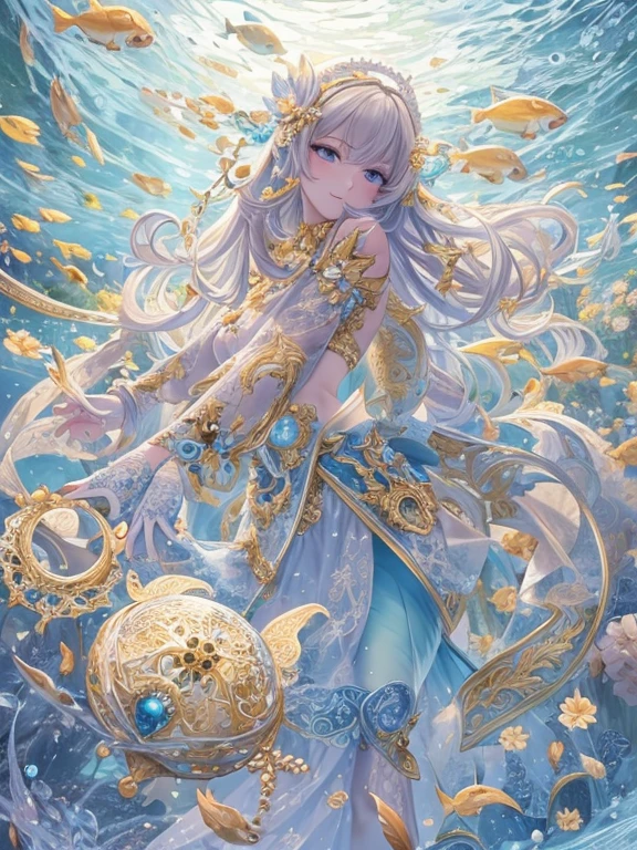 ((Highest quality)),(Ultra-high resolution),(Very detailed),(Detailed Description),((The best CG)),(masterpiece),Ultra-precise art,(Fantasy art with intricate detail:1.5), Shining World, A kind smile、Ocean, Very detailed, Dynamic English, Cowboy Shot, The most beautiful form of chaos, elegant, Brutalist design, Bright colors, Romanticism, Oceanの泡, bubble, shell, fish, Pearls Fairytale Pastel colors Warm and gentle expression