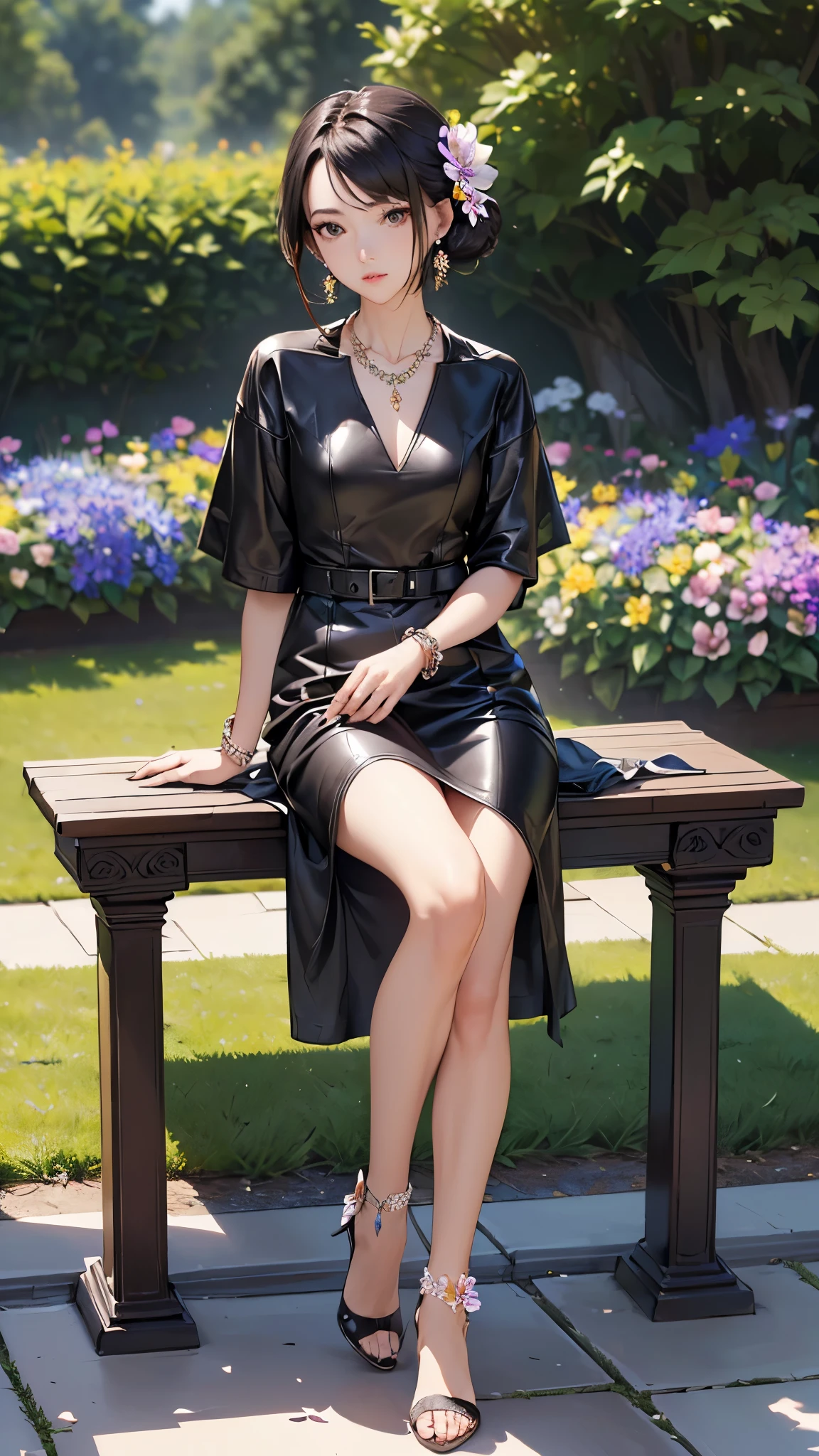 ((Biologically correct limb count))、((Full Body Shot, Full-body photo including face、Head to toe photos))、4K、masterpiece、((Focus on the face))、((Symmetrical facial features))、Eyes of meticulous depiction、One beautiful woman、Excellent style、(stockings、High heels with anklets)、Detailed Description、Small earrings、necklace、(Low - Angle)(((The background is a flower bed in full bloom)))、Sitting on a bench、((Leather Dresses))