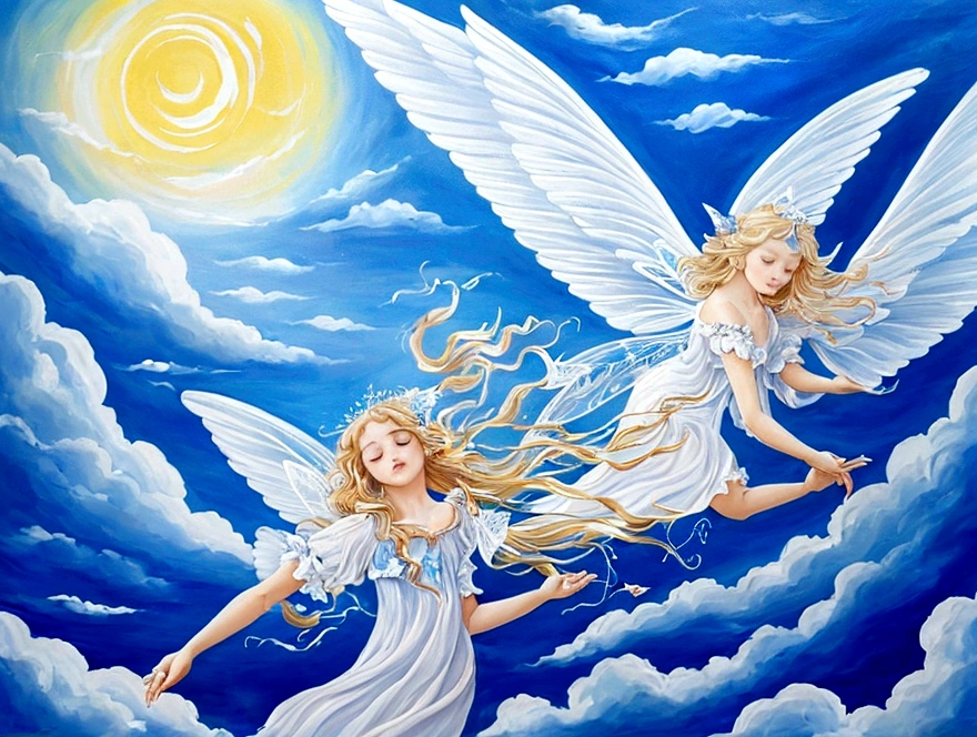Wind art, the painting is painted by the wind and white clouds on a clear canvas of light blue sky, kind fairy-tale angels play magical divine music on golden musical instruments, music flows in waves of sound and touches everything and awakens life and light, magically, beautifully, a masterpiece, a fascinating sight